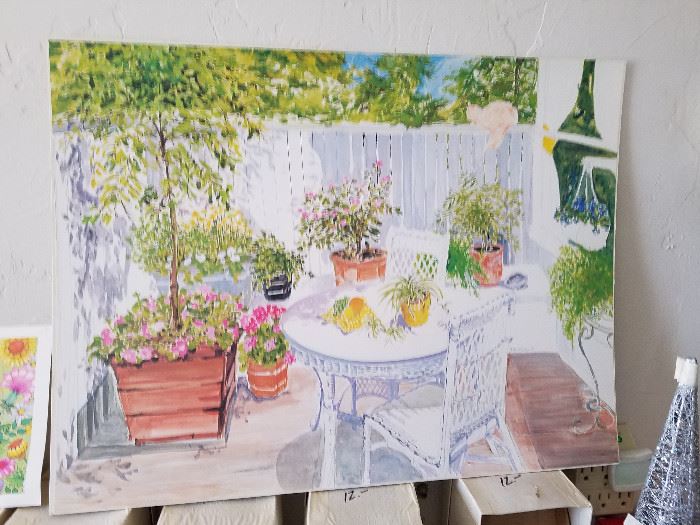 Water Color patio scene, beautiful and Martha Stewart type colors.