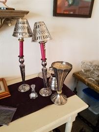 metal candle holders and silver plated household items