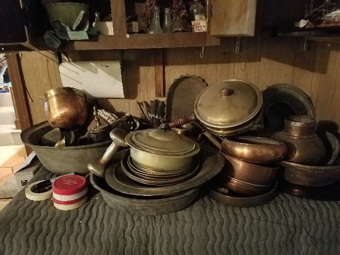 copper and brass pots, pans, bowls, plates (lots to see and admire)