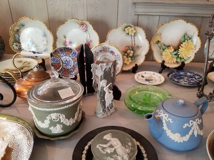 English ceramics collector plates, brass tea pot