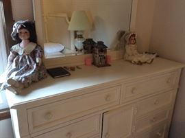 Queen size bed, like new, with matching dresser w/mirror and night stand, doll collection