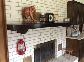 Great wooden elephant, lamp, chiming mantle clock & milking stool in Den