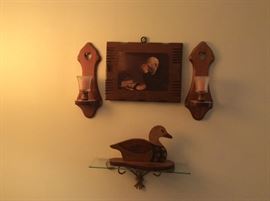 Great old picture in wood - 2 candle holders, metal holder for glass shelf - these items in LR