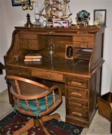 Gorgeous Solid Oak Roll Top Computer Desk includes locks and keys for extra security,