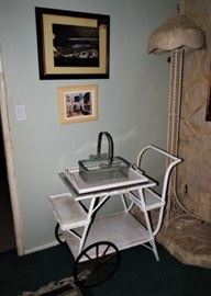 HeywoodWakefield Antique White Wicker Rolling Tea Cart,