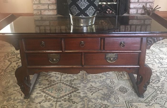 Matching Wood Asian Smaller Size Coffee Table with Glass Top