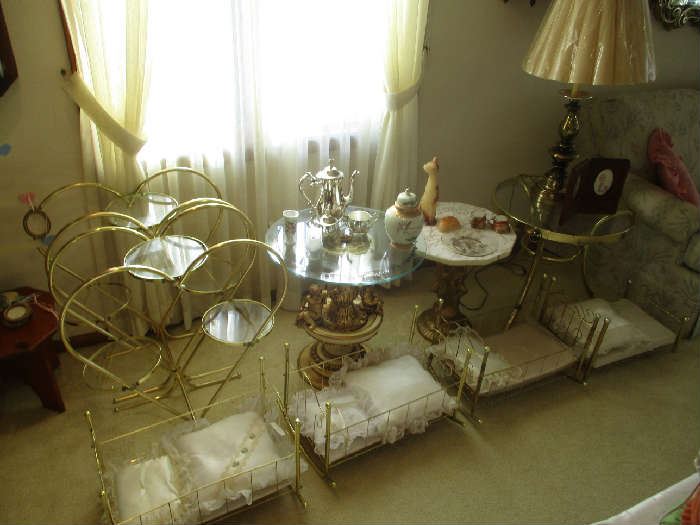 GLASS TOP TABLES AND DOLL BEDS