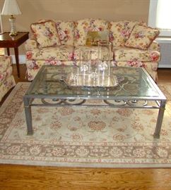 Townhouse by Pennsylvania House Floral Sofa, Pewter & Brass finish Cocktail Table, Carpet