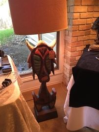 larger then it looks african carved wood lamp=approx. over 3ft before the shade painted