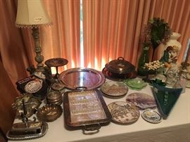 green glass and collector plates and silverplate and more