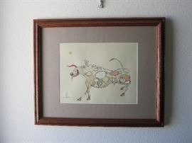 Mid Century Modern Pen, Ink, Guoache Mixed Media Bull in ROMA Frame