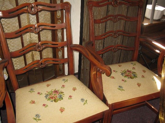 Set of 6 dining chairs - two arm and 4 side chairs - needlepoint seat covers