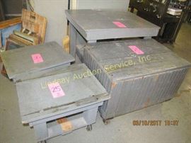 4 wood cart/tables: 1 (no wheels) 28 5x36x29, 1 (w/ wheels) 22.5x33x23, 2- (w/ wheels) 19x24x17.5
