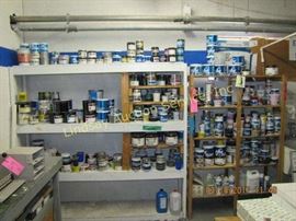 Large group of different colored ink, some full,
some not so full (DOES INCLUDE 2 WOOD SHELVES 13x48x72 & 16x80x77) -- (BUYER TAKES ALL)