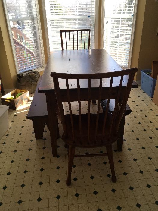 Solid wood Farm Table with 2 benches and 2 captains chairs, and drawers