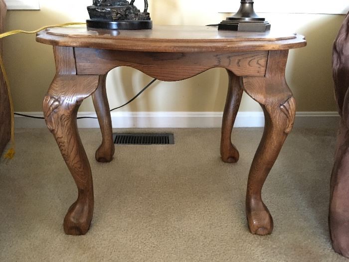 2 matching solid oak side tables ball and claw feet 