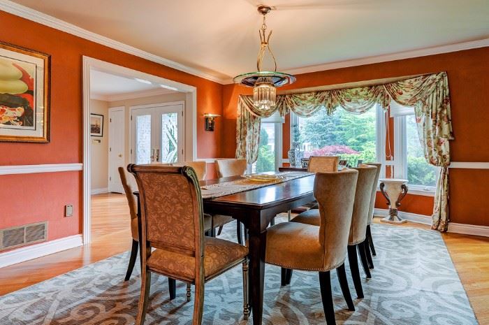 Dining room table and chairs. Fairfield chair - brand new no signs of any kind of wear. Retail price $579 each, our price $370 each. Fabric- microfiber- cleanable and stain resistant. 6 chairs sold as a set only. This means you can buy 6 chairs separately. Two side chairs- Italian antique reproduction with silk  upholstery - good condition but not perfect fabric. $300 each. You can buy one or both chairs. Bay window custom drapery with a valance and side panels. Amazing quality high end cotton fabric that doesn't fade. The workmanship is high end. If you have the same bay window, it's a find. Asking price $1,200. Area rug- genuine wool. Asking price $500. 