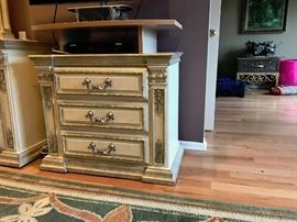 Bedroom: Two dressers/nightstands and one large dresser with mirror set. All wood, great quality. $900 for the whole set. Works great with classical upholstered headboard. 