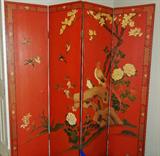Red Lacquer Coromandel 4 panel screen 
 www.FairhopeAntiques.com