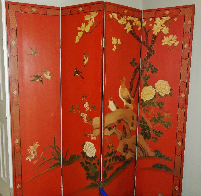 Red Lacquer Coromandel 4 panel screen 
 www.FairhopeAntiques.com