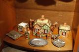 sample of metal Occupied Japan items, Tea pot with cream and sugar with a condiment jar in the cottage design
