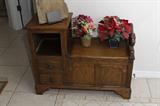 English oak telephone table with two drawers and trhe seat opens for storage