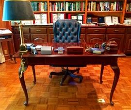 Office Desk, Leather Button Tucked & Tacked Rolling Desk Arm Chair, Vintage Pens