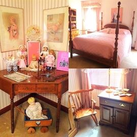 Vintage Posters, Dolls, Four Poster Bed, Windsor Child's Rocker, Ethan Allen End Table