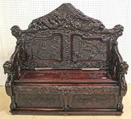  — O R N A T E  —

ANTIQUE Solid Hard Wood Hand Carved and Ornate Asian Lift Seat Hall Bench

approximately 51"h x 58"w x 24"d 