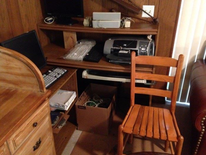 #23 pine roll top desk 55x21x44 $100
#24 oak laminated desk w keyboard pull out 49w $35
#18 (2) old odd dining chair w.wood slates $30 ea
# 25 printer shelf laminated $10 