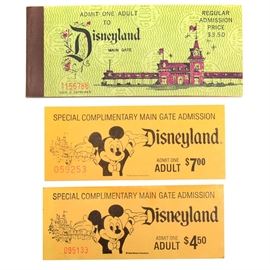1969 Disneyland Coupon Book Intact With "E" Ticket: A 1969 Disneyland Coupon Book intact with “E” ticket. This original coupon book was issued in September 1969 for admission to Disneyland Park with ten ride coupons. The book is completely intact and includes the admission ticket, the welcome page, one “A” ticket, one “B” ticket, two “C” tickets, three “D” tickets, and three “E” tickets and is marked “©Walt Disney Productions, 699, Globe Ticket Company” to the right center edge of the “Adventures in Disneyland” page. Also included are two vintage Disneyland Special Complimentary Main Gate Admission adult tickets marked “©Walt Disney Productions” to the bottom center.