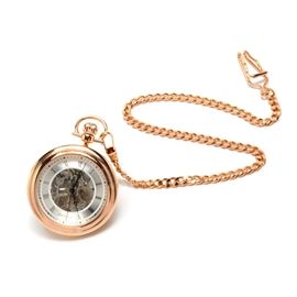 Invicta Rose Gold Plated Pocket Watch: An Invicta rose gold plated pocket watch with a skeleton dial and back, hinged stand, and a 14" gold-plated chain.
