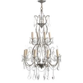 French Style Crystal Chandelier: A French style crystal chandelier, retailed by Neiman Marcus, per consignor. Measure and describe in photography. FM