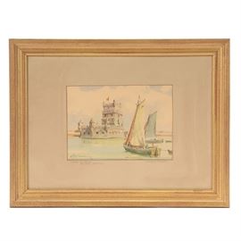 Alberto Ferreria Original Watercolor "Torre de Belém": An original 1965 watercolor painting on paperboard by an artist named Alberta Ferreria, titled Torre de Belém and labeled “Rio Tejo, Portugal.” The watercolor depicts a pair of fishing boats approaching The Tower of Belem. The painting is signed and dated in blue watercolor to the lower left. It is matted in white, where it is again signed, titled, and located in pencil. The painting is presented behind glass in a wooden frame with brushed gold tone finish and a hanging wire.