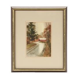 Edward Gifford Original Watercolor "Everett Covered Bridge": An original signed watercolor painting on paper by listed 20th-century American artist Edward “Ed” Gifford (Ohio, 1927 – 1998), titled Everett Covered Bridgen — Near Akron. The print depicts a curving dirt road leading up to a red covered bridge surrounded by massive trees. The painting is signed in black to the lower left. It is double-matted in white and presented behind glass in an angled wooden frame with gold tone acrylic trim to the face. A hanging wire is attached to the verso, along with a business card from the artist that gives the piece’s title.