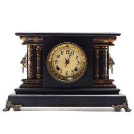 Antique Claypool Mantel Clock: A circa late 19th to early 20th century antique mantel clock by Claypool, in wood with a faux stone finish. It was unable to be tested due to lack of a winding key.