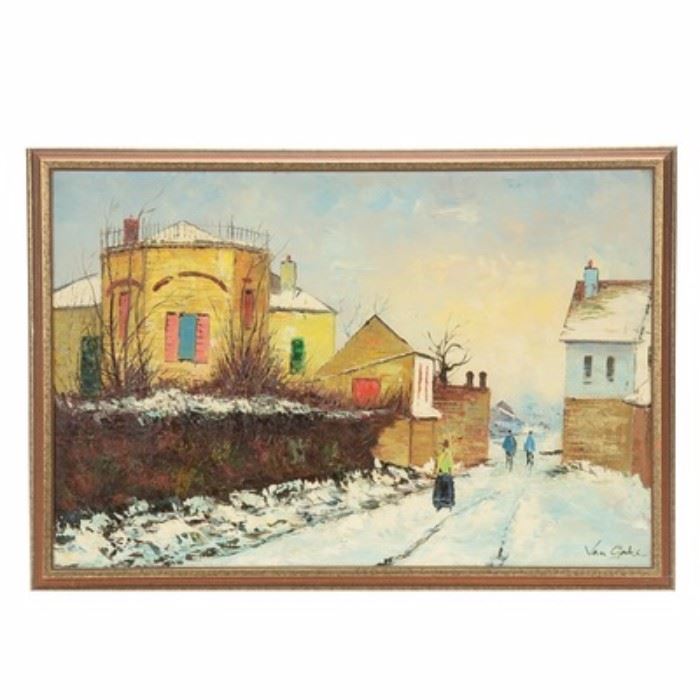 Van Gake Vintage Oil Painting on Canvas: An original vintage oil painting on canvas by an artist named Van Gake. The painting depicts three figures walking through a snowy alleyway behind a curiously-shaped tiered yellow stone building. The paint is applied with heavy impasto, seemingly applied directly with a palette knife. The painting is signed in forest green to the lower right. It is presented in a wooden frame with two stripes of gold tone finish and a hanging wire.