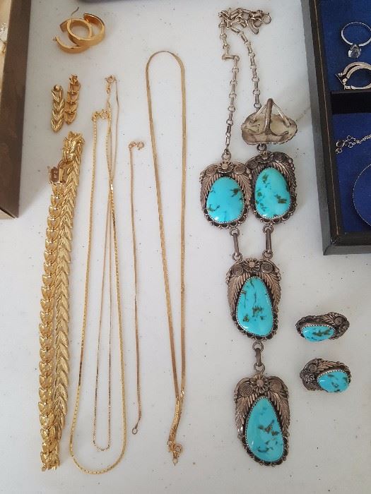 Beautiful Signed Navajo Jewelry Necklace and Matching Ring and earrings