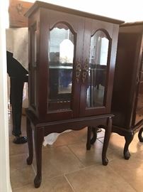 Curio Cabinet: 22" x 11" x 40", mirrored backing, glass shelf, 2 doors with handles and cherry wood