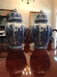 A beautiful set of blue and white decorative vases. 17" x 10" Blue and White, Japanese, "Andrea By Sadek"