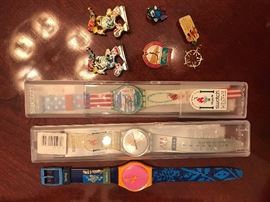 Lot Atlanta 1996 Olympic Items, 3 Swatches, 2 Izzy Figurines, 2 broken pins, 1 pendant