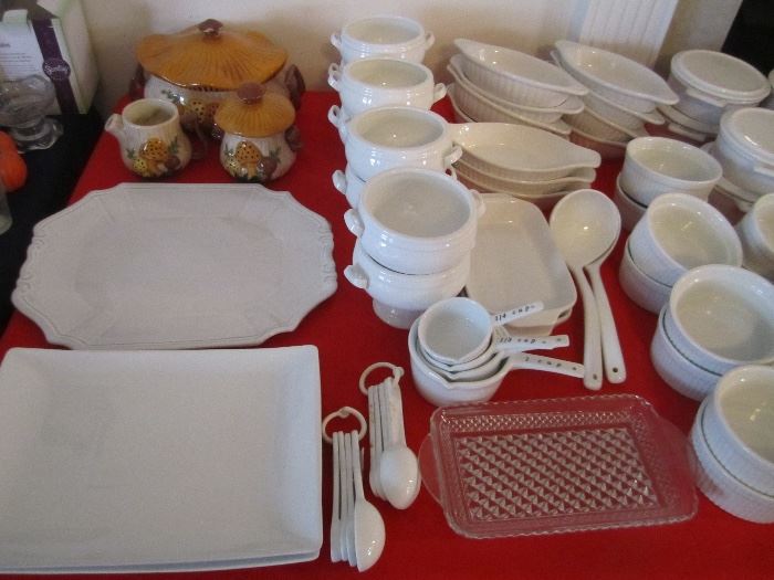 SOME CRATE AND BARREL DISHES AND CASSEROLE