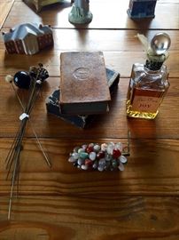 Fun smalls. Hat pins, a very old pocket bible, gemstone grape bundle 