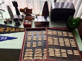 Bomb, De Pauw and Eastern pennants, horn box, neat smalls. Yes those are teeth! Neat vintage NY Trubyte dentist mould guide cases