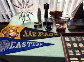 Bomb, De Pauw and Eastern pennants, horn box, neat smalls