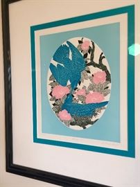 I love this etching titled, "Bluebirds" nicely framed.  Local artist, signed
