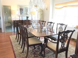 Drexel Dining Table and Chairs Sideboard, Asian Panels on Silk