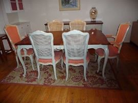 PAINTED DINING TABLE W/4 LEAFS, 6 CHAIRS