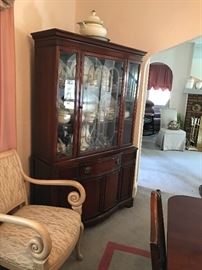 Vintage Mahogany Breakfront/China Cabinet, Light Wood and Upholstered Chair