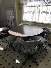Vintage Mid Century Wood Kitchen Table with Wrought Iron Base w/ 4 White Vinyl & Wrought Iron Chairs